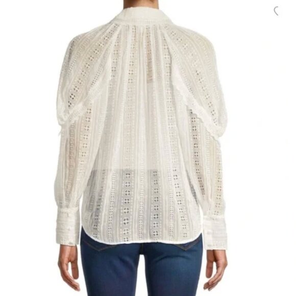 Rebecca Taylor Geo Eyelet Silk Blouse, Cream, XS - Picture 4 of 12